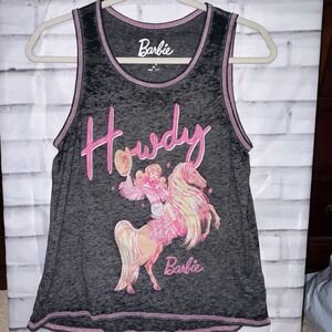 Barbie Howdy Cowgirl Horse Graphic Tank Top Charcoal Grey Pink Women Medium